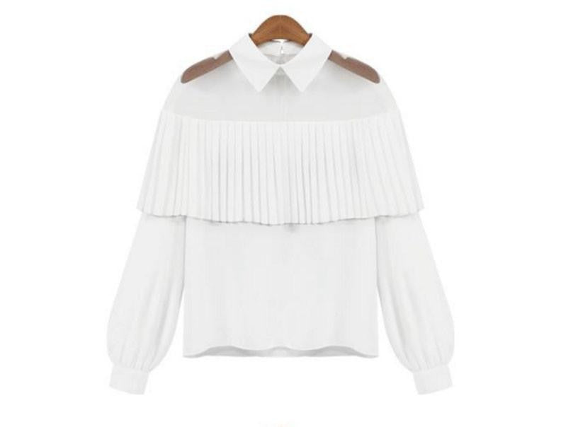 White Blouse Shirt Women Chiffon Blouse Pleated Tops Long Sleeve Blouse Sheer Gauze