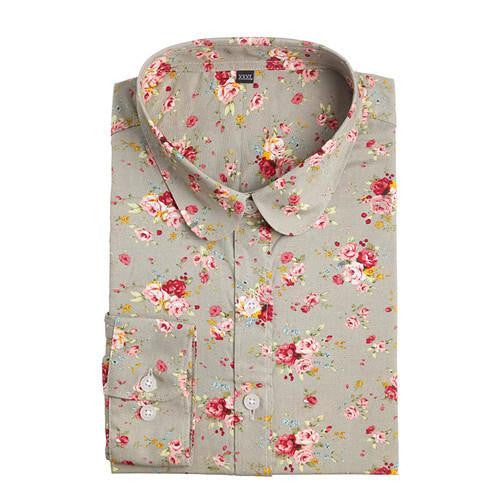 Vintage Women Shirts Long Sleeves Cotton Blouses Turn Down Collar Floral Shirts Fashion Women Shirt Tops