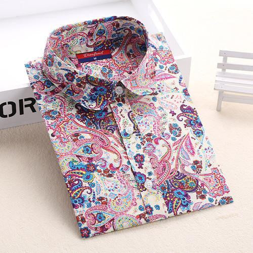 Vintage Women Shirts Long Sleeves Cotton Blouses Turn Down Collar Floral Shirts Fashion Women Shirt Tops