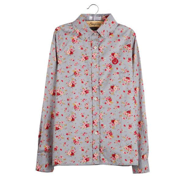 Online discount shop Australia - Fashion women work wear vintage floral print cotton blouse long sleeve elegant Shirts casual slim tops S-XL