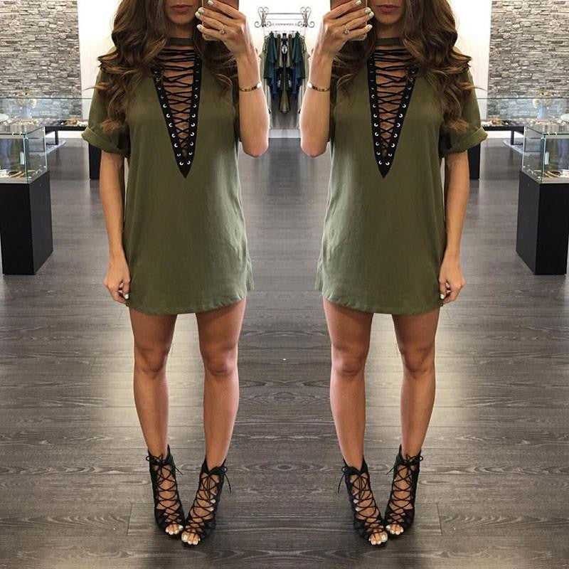 Women Deep V Neck Hollow Out Club Party Dresses Casual Short Loose T-Shirt Dress