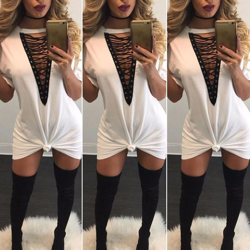 Women Deep V Neck Hollow Out Club Party Dresses Casual Short Loose T-Shirt Dress