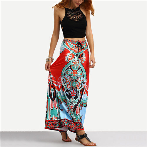 Online discount shop Australia - Long Maxi Skirt For Women New Arrival Ladies Multicolor Vintage Tribal Print Tassel Tied Waist A Line Skirt