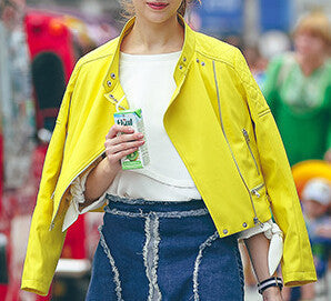 Online discount shop Australia - Lemon Yellow Leather Jacket Women  Motorcycle Short Short PU Blouson Cuir  Cazadora Cuero Mujer With Belt