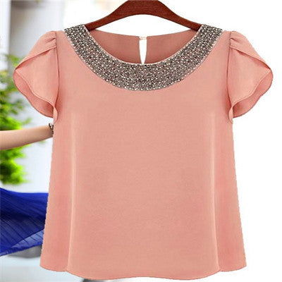 Plus Size 4XL Women Loose Chiffon Blouses Vintage Blouses Beading O-neck Pullover Costume Shirts