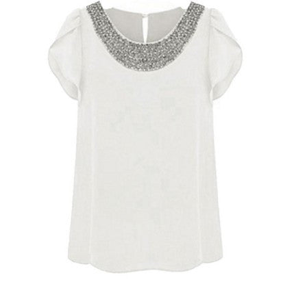 Plus Size 4XL Women Loose Chiffon Blouses Vintage Blouses Beading O-neck Pullover Costume Shirts