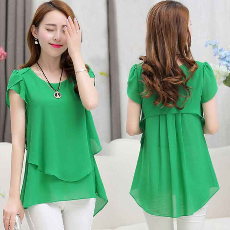 Plus size women chiffon blouses shirts o neck short sleeve double irregular solid fashion casual ladies tops