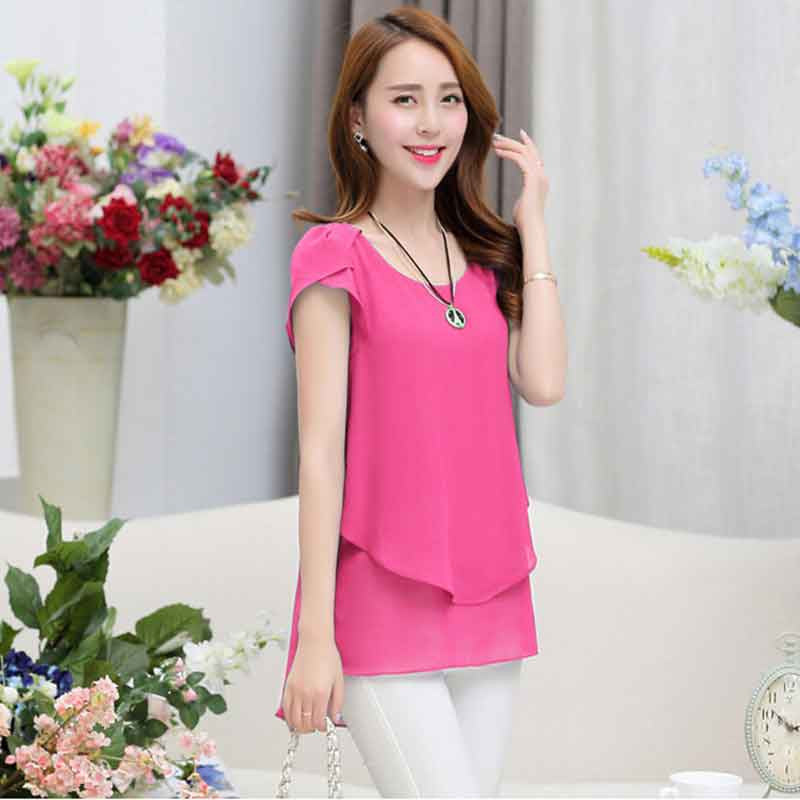 Plus size women chiffon blouses shirts o neck short sleeve double irregular solid fashion casual ladies tops