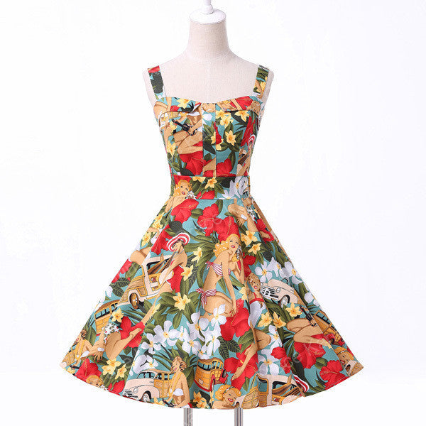 Online discount shop Australia - Ladies Cotton Rockabilly Womens Summer style Dresses pin up Retro Vintage 50s Audrey Hepburn Swing print Casual clothing