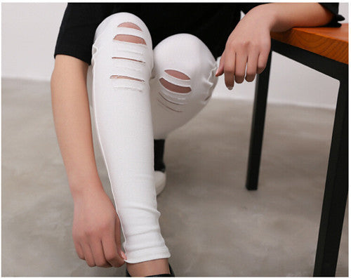 Online discount shop Australia - Cotton High Elastic Imitate Jeans Woman Knee Skinny Pencil Pants Slim Ripped Boyfriend Jeans For Women Black Ripped Jeans