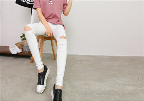 Online discount shop Australia - Cotton High Elastic Imitate Jeans Woman Knee Skinny Pencil Pants Slim Ripped Boyfriend Jeans For Women Black Ripped Jeans