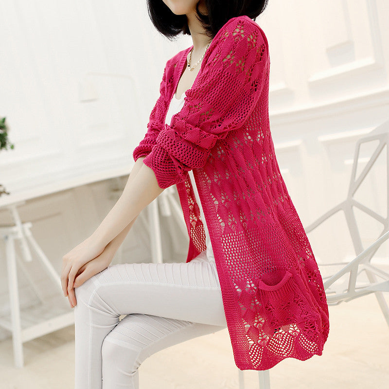 Fashion Knitted Cardigan Loose Pocket Hollow Long Sleeve Women Sweater Female Cardigans Women's Coats Sweaters Outerwear-Dollar Bargains Online Shopping Australia