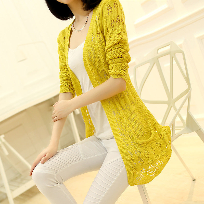 Fashion Knitted Cardigan Loose Pocket Hollow Long Sleeve Women Sweater Female Cardigans Women's Coats Sweaters Outerwear-Dollar Bargains Online Shopping Australia