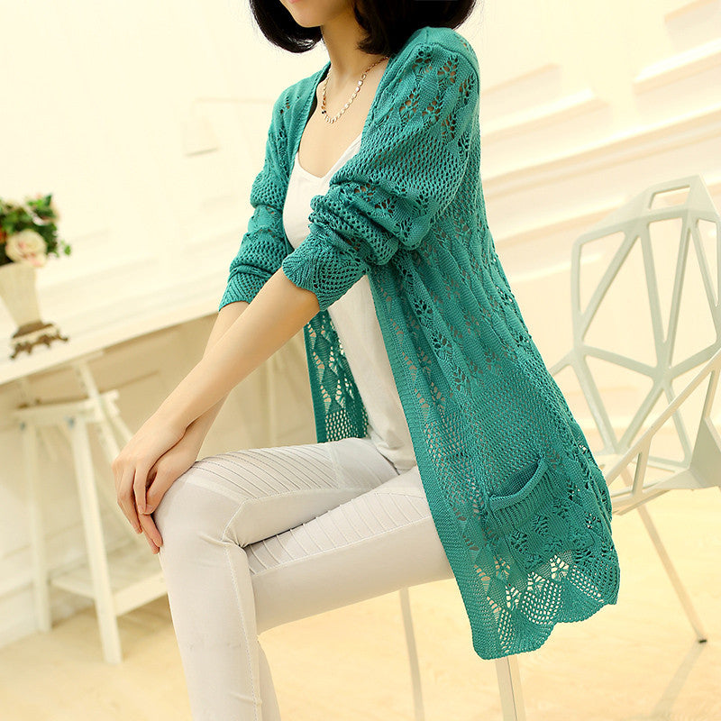 Fashion Knitted Cardigan Loose Pocket Hollow Long Sleeve Women Sweater Female Cardigans Women's Coats Sweaters Outerwear-Dollar Bargains Online Shopping Australia