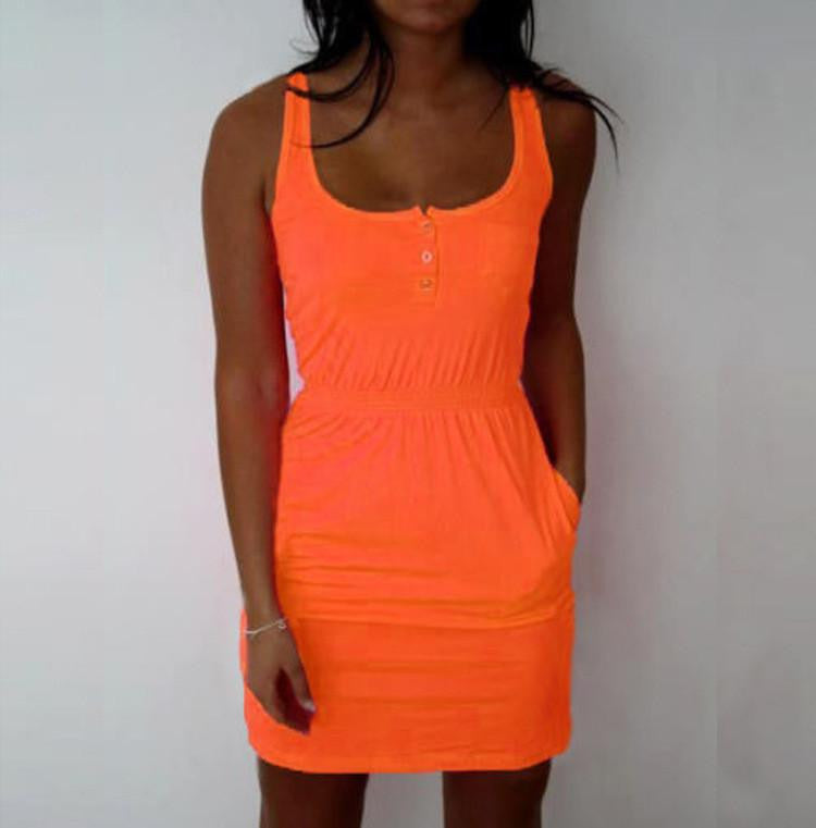 Women Candy Color Low Cut Buttons Pleated Waist Tank Dress Summer Arrival Women Plus Size 5XL Dress X0155