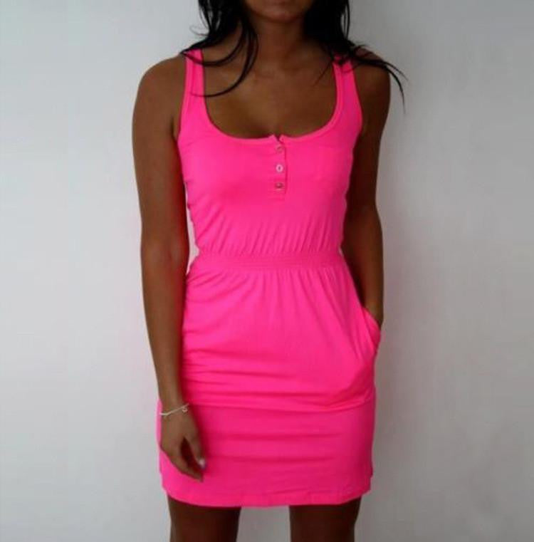 Women Candy Color Low Cut Buttons Pleated Waist Tank Dress Summer Arrival Women Plus Size 5XL Dress X0155