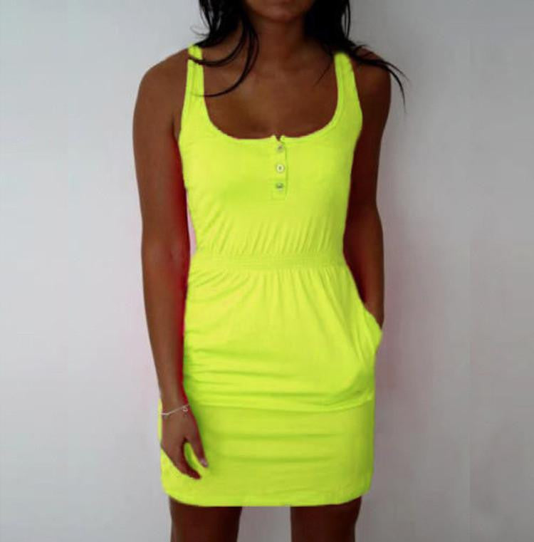 Women Candy Color Low Cut Buttons Pleated Waist Tank Dress Summer Arrival Women Plus Size 5XL Dress X0155