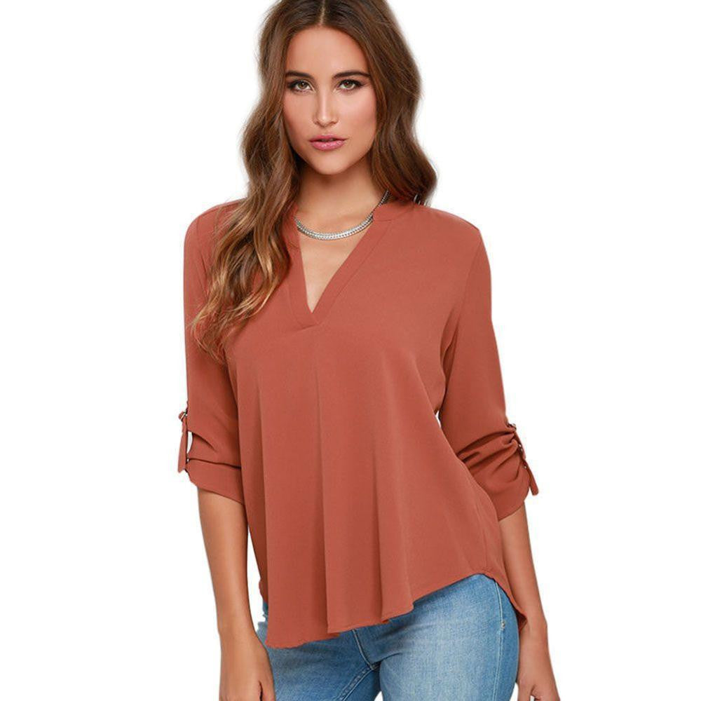 Women Blouses Cross Front Split Back Chiffon Blouse Long Sleeve Ladies Tops Shirts Plus Size