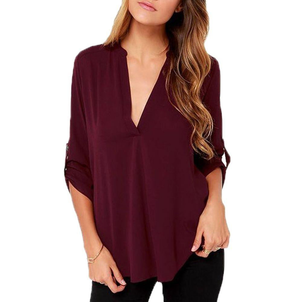 Women Blouses Cross Front Split Back Chiffon Blouse Long Sleeve Ladies Tops Shirts Plus Size