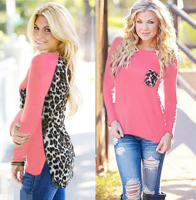 Online discount shop Australia - Loose Plus Size Leopard Chiffon Blouse for Women Lady Long Sleeve Blouse Casual Tops Pocket design Women Shirts J6123