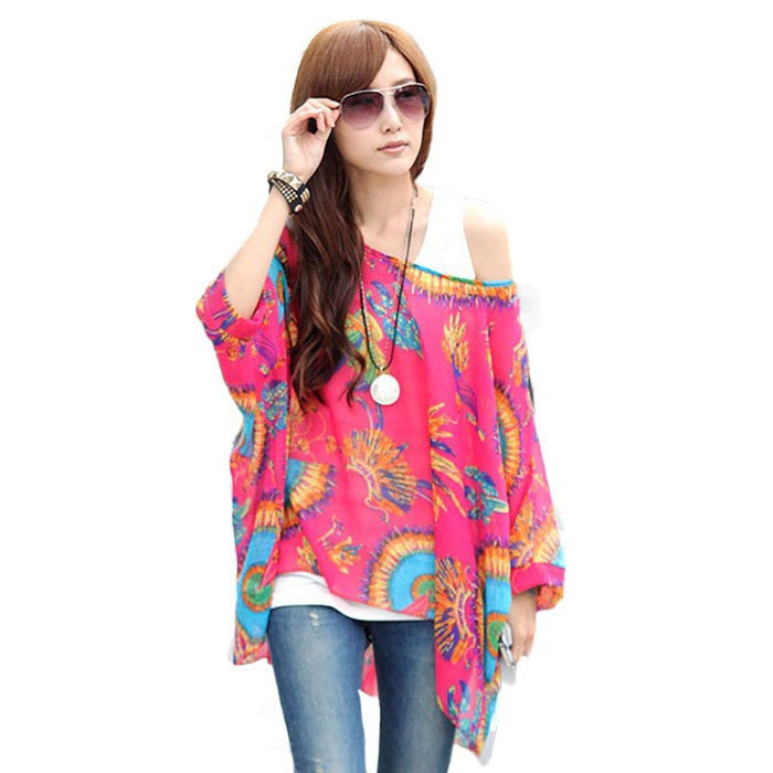 Online discount shop Australia - Fashion  Women Blouses Bohemia Print Batwing Chiffon Blouse
