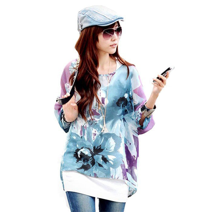 Online discount shop Australia - Fashion  Women Blouses Bohemia Print Batwing Chiffon Blouse