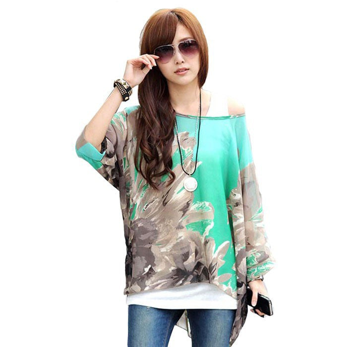 Online discount shop Australia - Fashion  Women Blouses Bohemia Print Batwing Chiffon Blouse