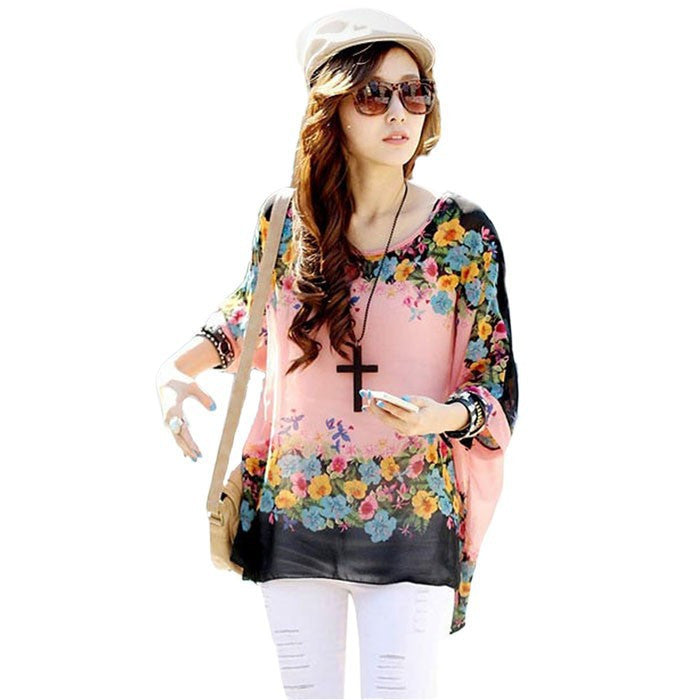 Online discount shop Australia - Fashion  Women Blouses Bohemia Print Batwing Chiffon Blouse