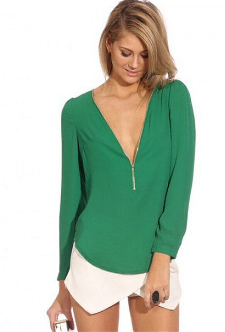 Women Blouses Zip Shirt Casual Long Sleeve V-neck Solid Color Chiffon Blouse Female Blouse