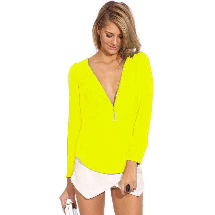 Women Blouses Zip Shirt Casual Long Sleeve V-neck Solid Color Chiffon Blouse Female Blouse