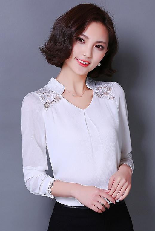Women Blouses Lace Plus Size Casual shirts Hollow Long-sleeved chiffon blouse Shirt women Tops 377E 20