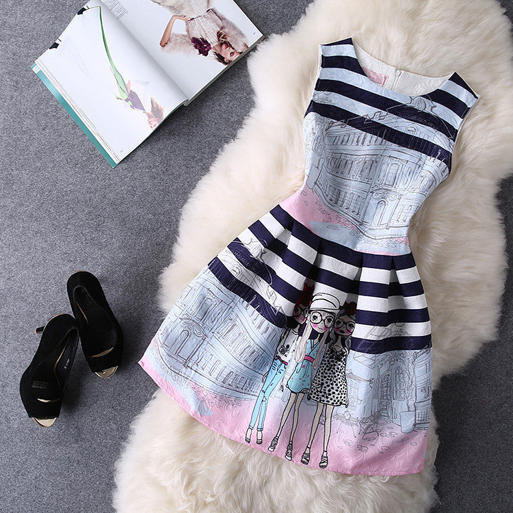 O-Neck Sleeveless Print Casual Dresses Women Vintage Princess Dress Ladies Party Clothing