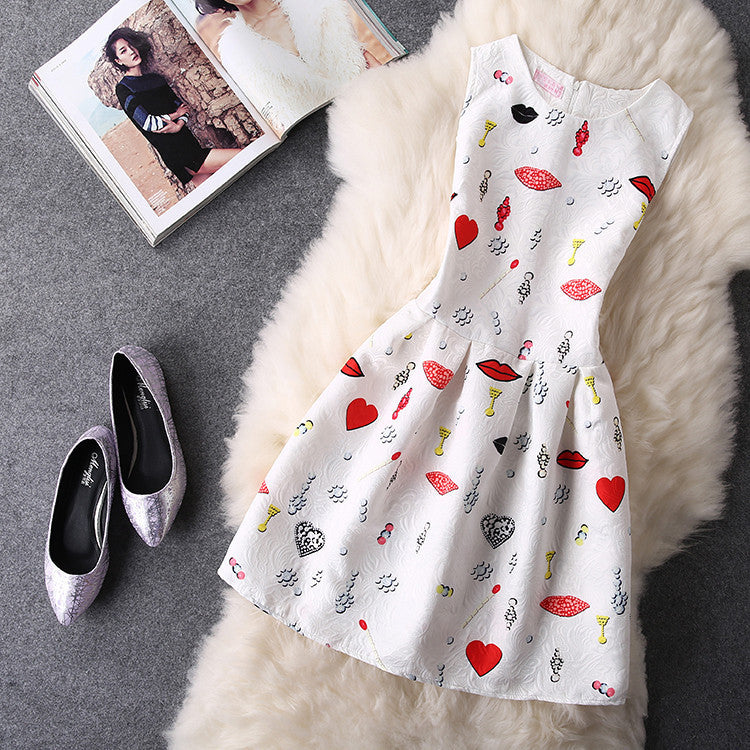 O-Neck Sleeveless Print Casual Dresses Women Vintage Princess Dress Ladies Party Clothing