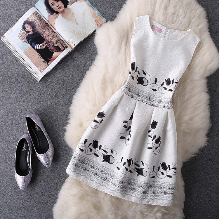 O-Neck Sleeveless Print Casual Dresses Women Vintage Princess Dress Ladies Party Clothing