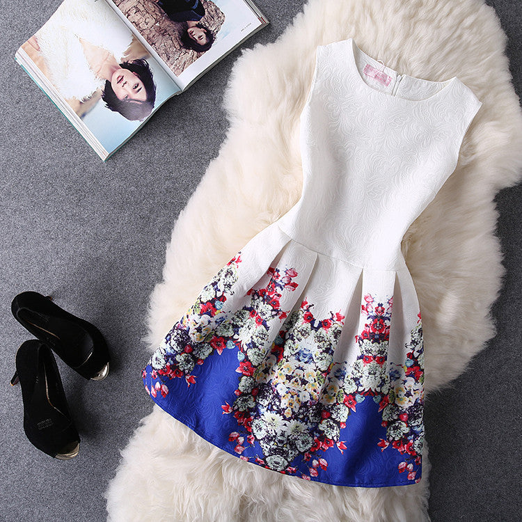 O-Neck Sleeveless Print Casual Dresses Women Vintage Princess Dress Ladies Party Clothing