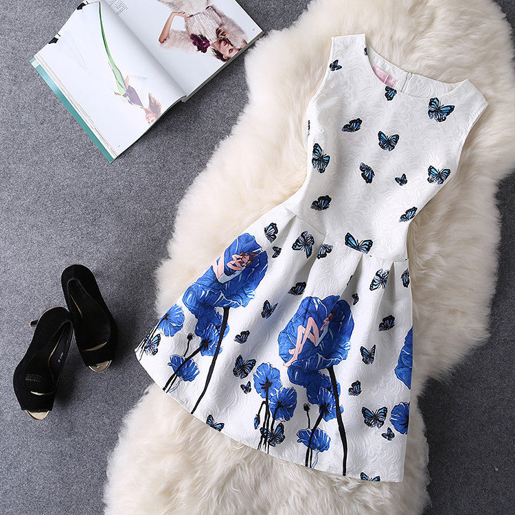 O-Neck Sleeveless Print Casual Dresses Women Vintage Princess Dress Ladies Party Clothing