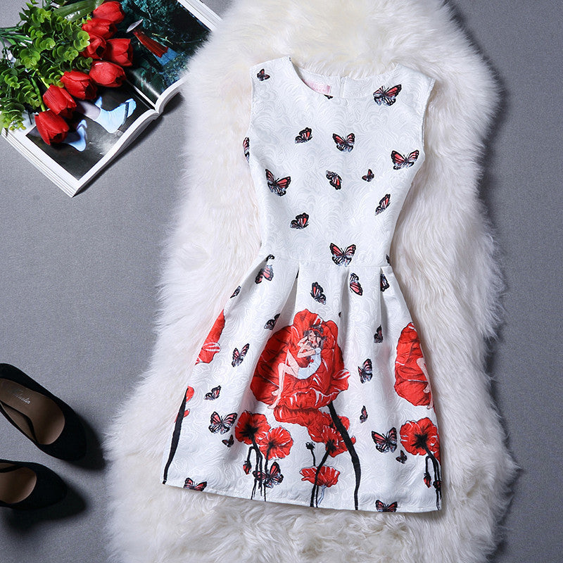 O-Neck Sleeveless Print Casual Dresses Women Vintage Princess Dress Ladies Party Clothing