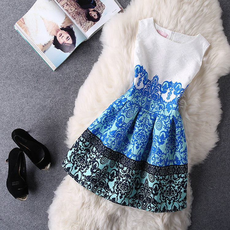 O-Neck Sleeveless Print Casual Dresses Women Vintage Princess Dress Ladies Party Clothing