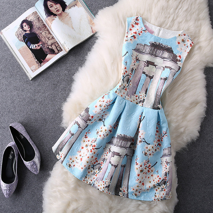 O-Neck Sleeveless Print Casual Dresses Women Vintage Princess Dress Ladies Party Clothing