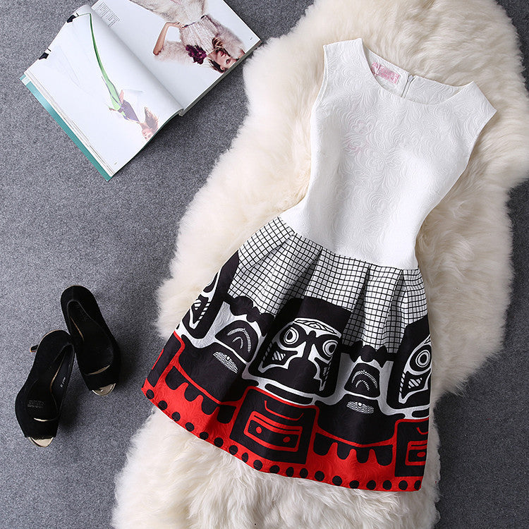 O-Neck Sleeveless Print Casual Dresses Women Vintage Princess Dress Ladies Party Clothing