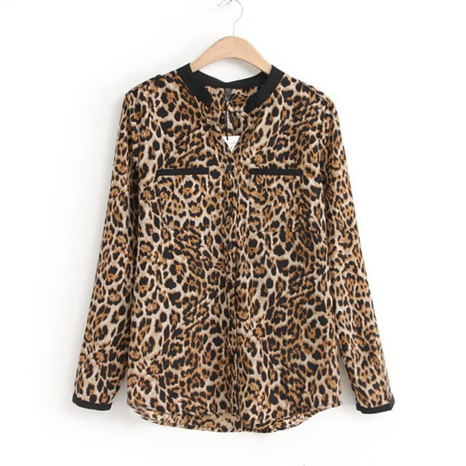 Women Blouse Leopard Print Shirt Long sleeve V -Neck Top Loose Blouses Plus Size Chiffon Shirt Clothing