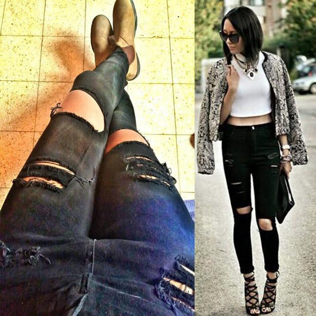 Women Casual Black High Waist Torn Jeans Hole Knee Skinny Pencil Pants Denim Ripped Jeans For Womens