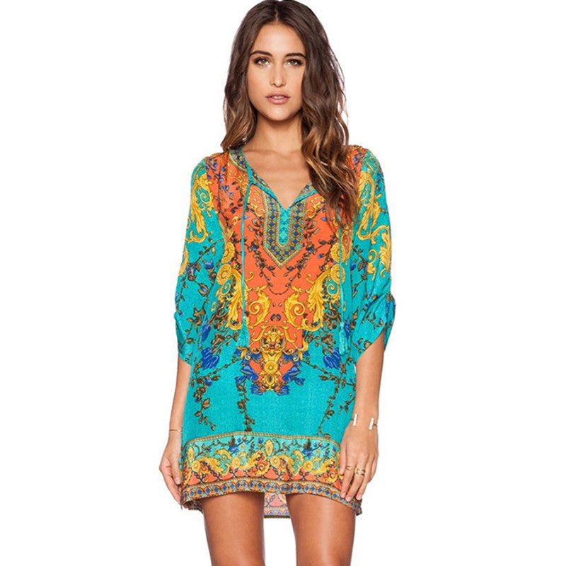 Online discount shop Australia - Fashion Vintage Women Dress Floral Print V-Neck Half Sleeve Chiffon Loose Mini Summer Dresses Vestidos