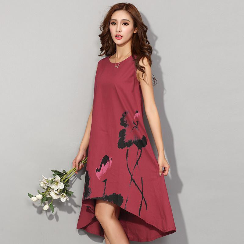 Style Flower Print Sleeveless Comfortable Cotton Linen Casual Dress Women Summer Dresses H192