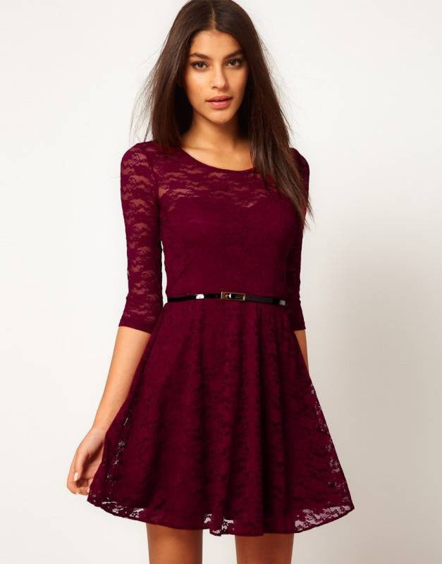 Online discount shop Australia - New arrive Sexy Spoon Neck 3/4 Sleeve Belt Include Lace colorful Sakter Dress, WL2189