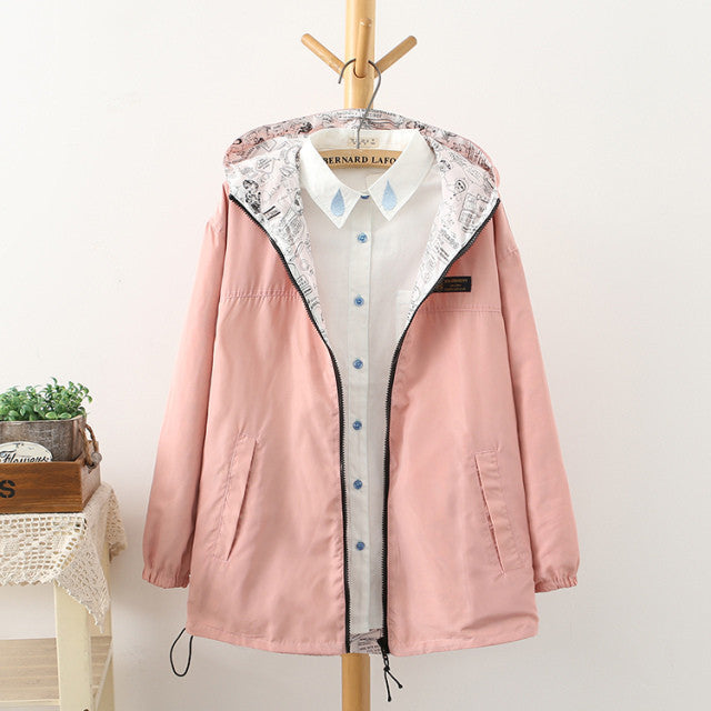 Online discount shop Australia - NEW  Fashion women Bomber women Jacket Pocket Zipper hooded two side wear Cartoon print outwear loose plus size