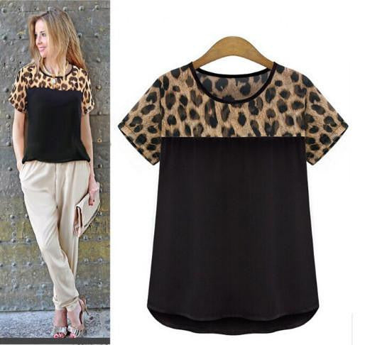 Woman blouses Chiffon clothing Leopard Print Patchwork Top Round Neck Short Sleeve Casual Clothing