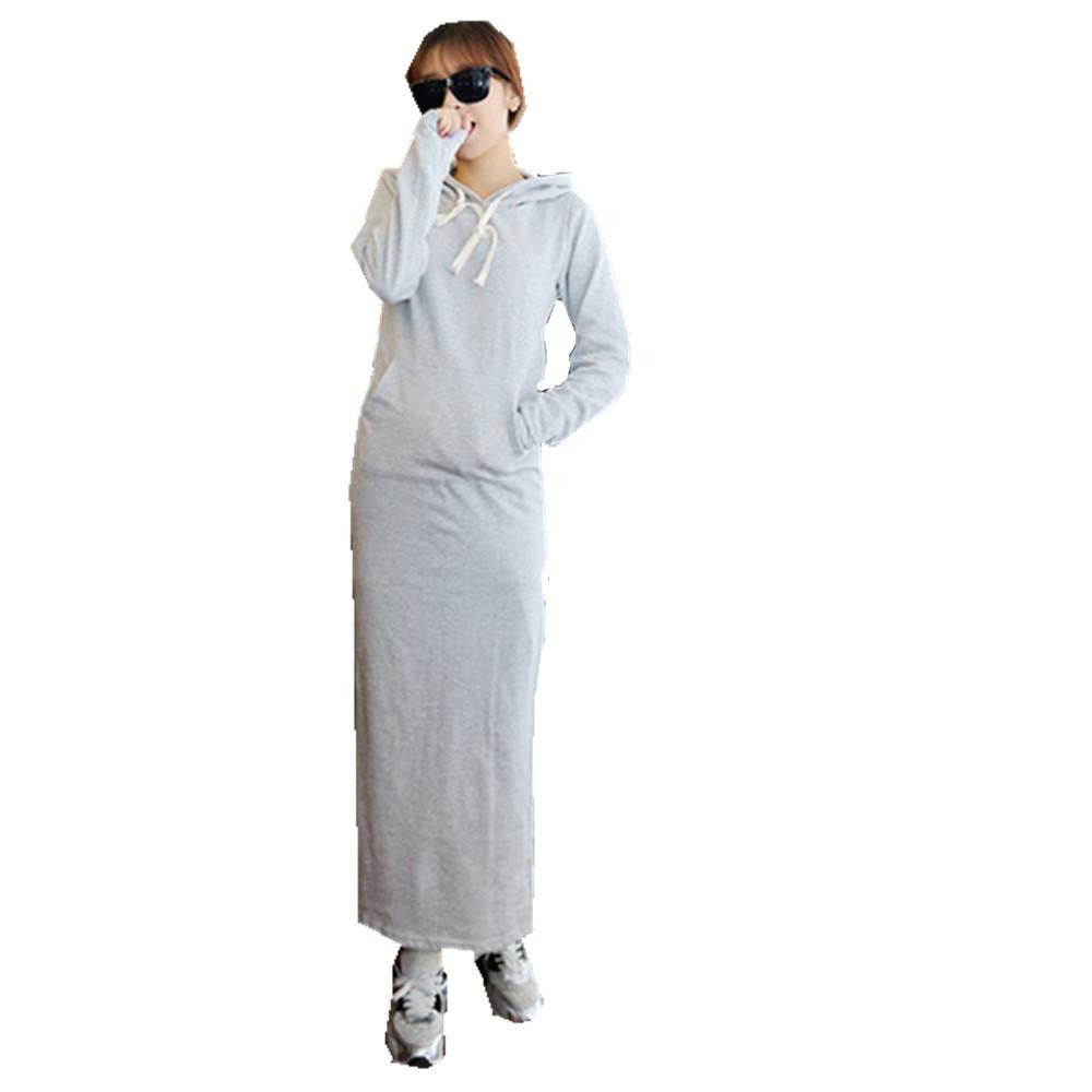 Women Black Gray Sweater Dress Warm Fur Fleece Hoodies Long Sleeve Slim Maxi Long Dresses Vestidos Femininas