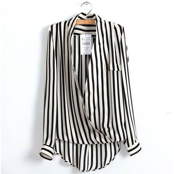 White blouse Formal Women Long Sleeve Chiffon Button Striped Lapel Tops Shirts Sized S/M/L
