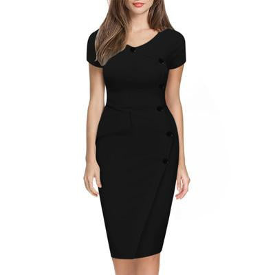 Women Summer Short Sleeve Button Cotton Blend Empire Casual Stretch Bodycon Knee-Length Pencil Dress